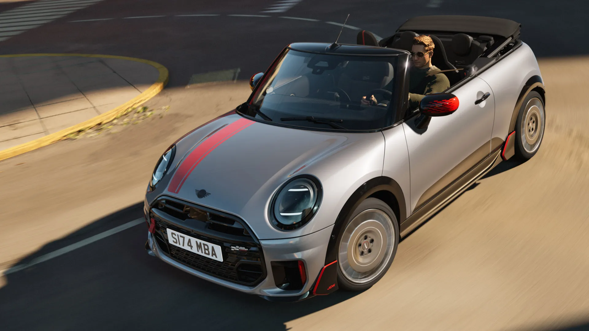 Frontvy uppifrån av MINI Convertible med John Cooper Works dekaler i Chili Red.