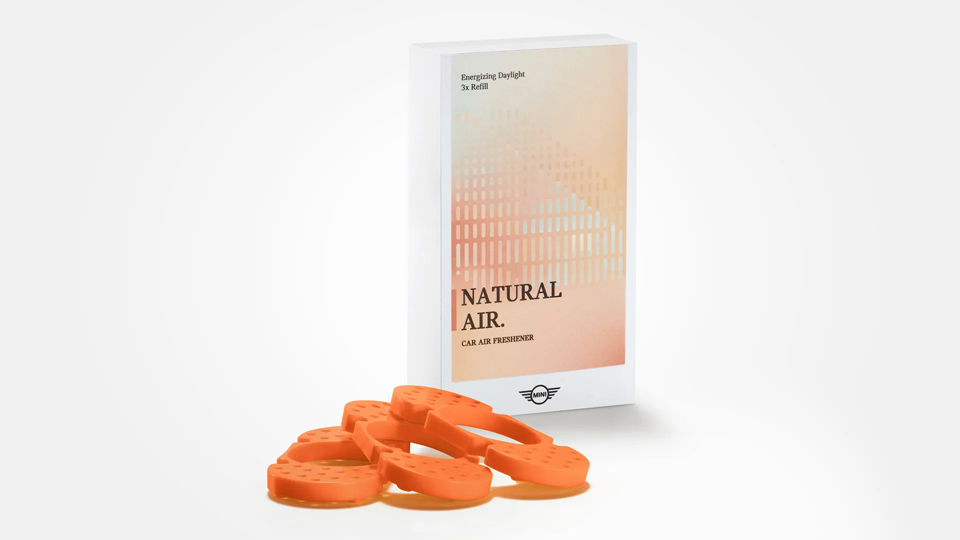 MINI Natural Air refillpaket med tre doftpinnar, var och en i en lufttät påse.
