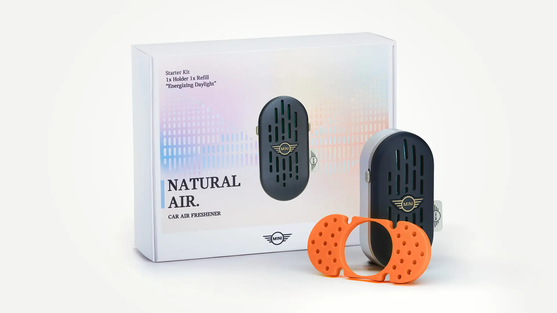 Förpackningsfoto av MINI Natural Air startpaket som innehåller dofthållare och pinne.