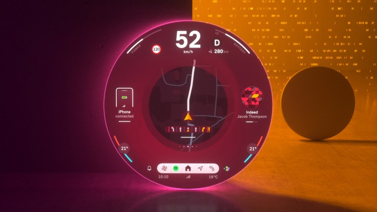 MINI rund display i Vivid Mode som visar navigationsskärm